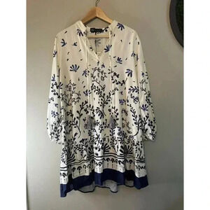 Zara Shirt Dress Blue White Satin Scarf Print Floral Size M long sleeve